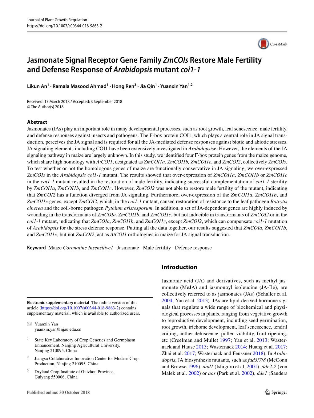 Jasmonate Signal Receptor Gene Family Zmcois Restore Male Fertility and Defense Response of Arabidopsis Mutant Coi1-1