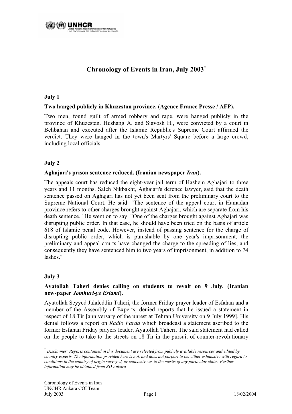 Chronology of Events in Iran, July 2003*