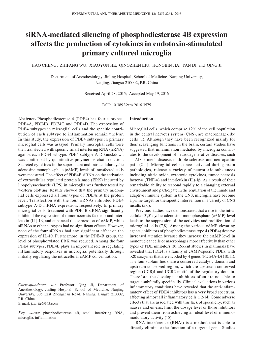 Sirna‑Mediated Silencing of Phosphodiesterase 4B Expression Affects the Production of Cytokines in Endotoxin‑Stimulated Primary Cultured Microglia