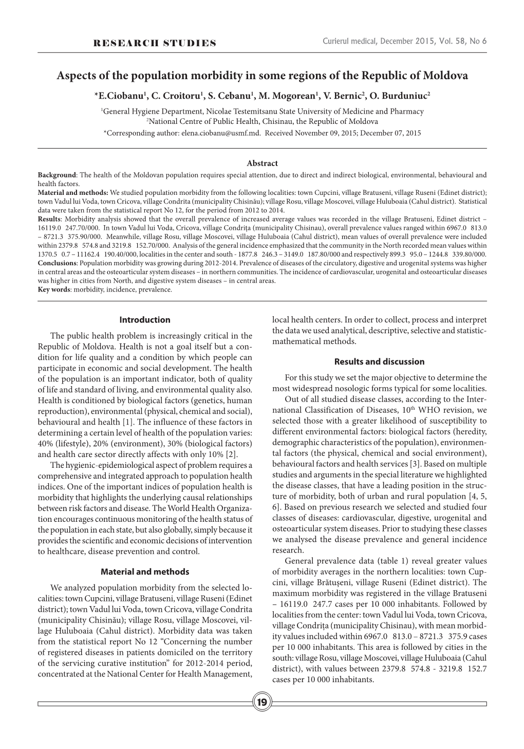 Aspects of the Population Morbidity in Some Regions of the Republic of Moldova *E.Ciobanu1, C