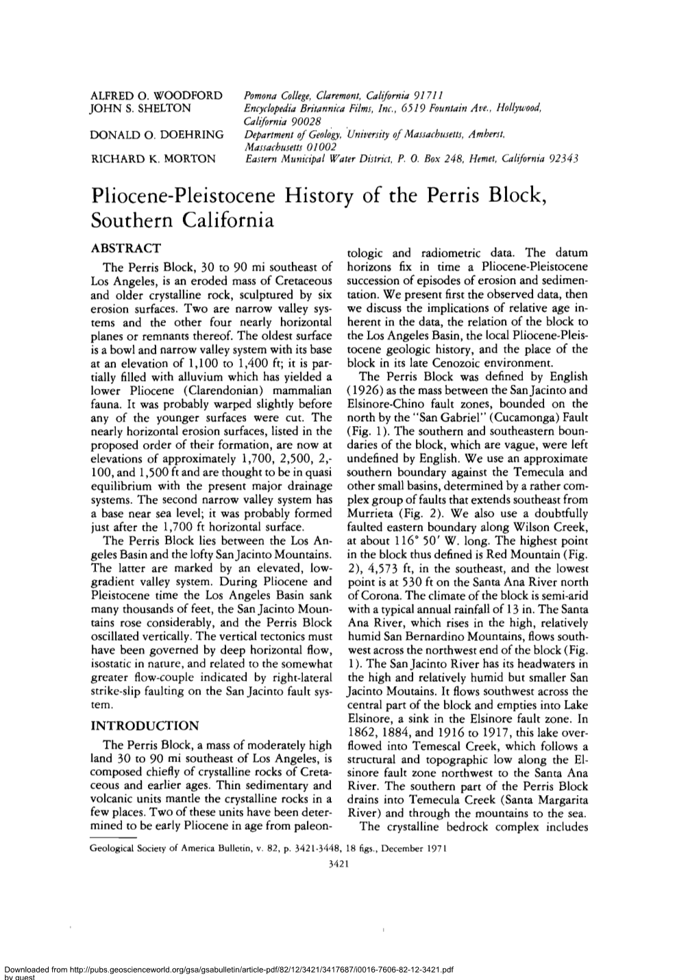 Pliocene-Pleistocene History of the Perris Block, Southern California