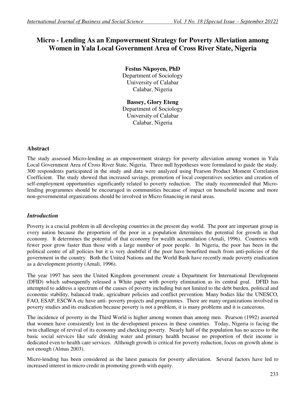 Micro - Lending As an Empowerment Strategy for Poverty Alleviation Among Women in Yala Local Government Area of Cross River State, Nigeria