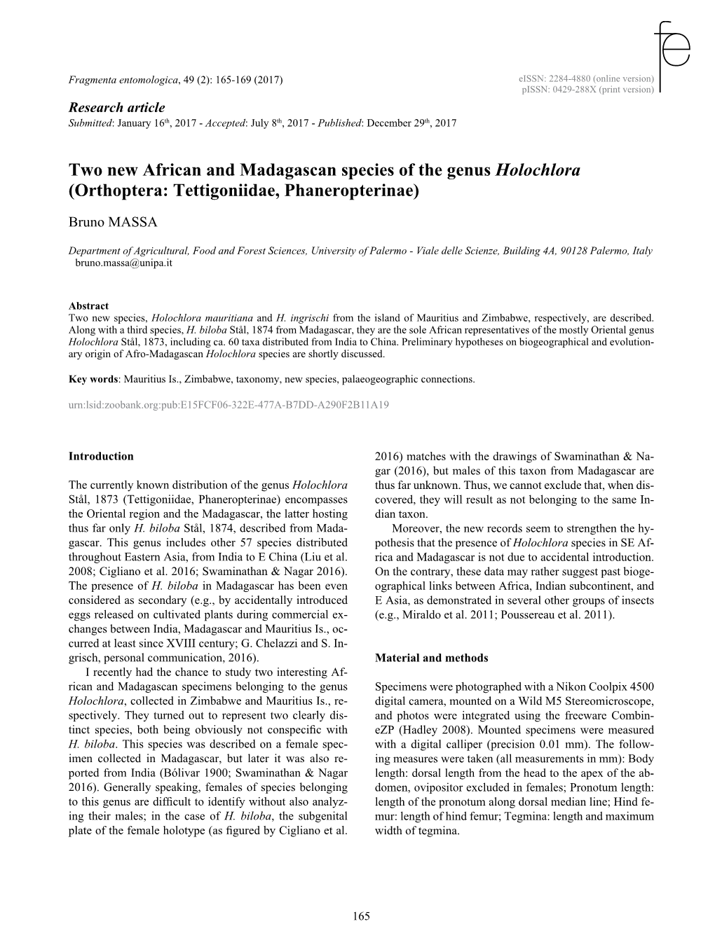 Two New African and Madagascan Species of the Genus Holochlora (Orthoptera: Tettigoniidae, Phaneropterinae)