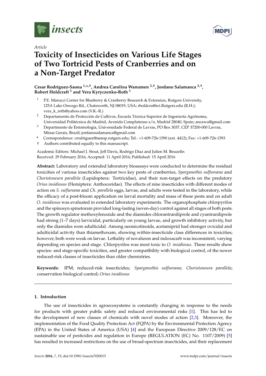 Toxicity of Insecticides on Various Life Stages of Two Tortricid Pests of Cranberries and on a Non-Target Predator