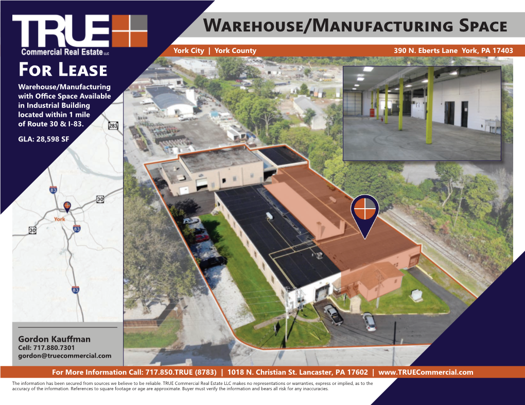 For Lease Warehouse/Manufacturing with Office Space Available in Industrial Building Located Within 1 Mile of Route 30 & I-83