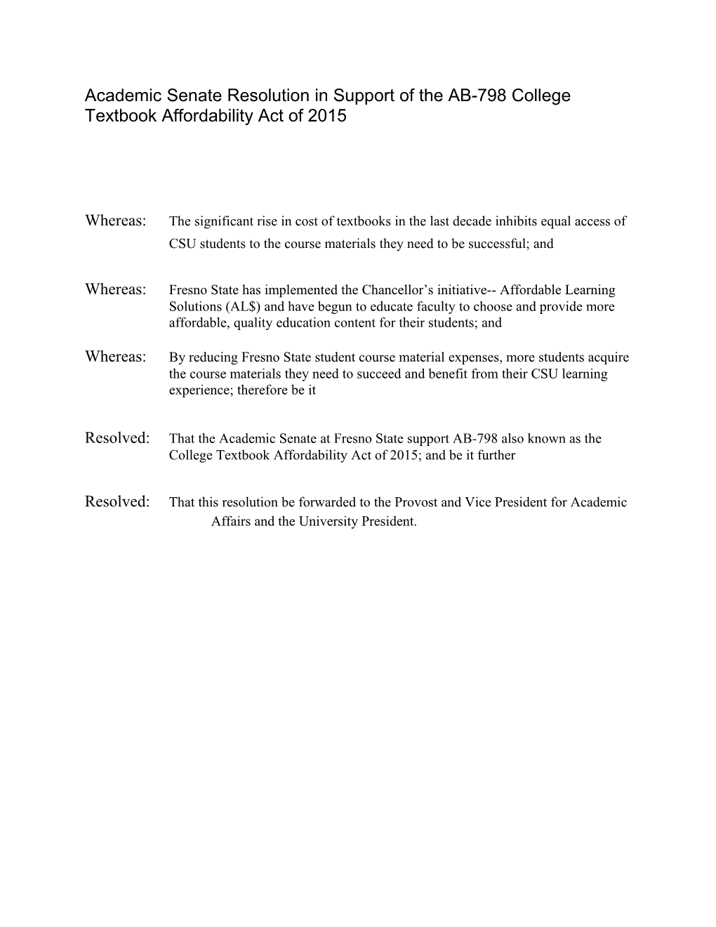 Academic Senate Resolution in Support of the AB-798 College Textbook Affordability Act of 2015