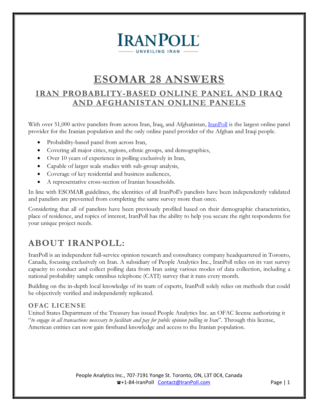Esomar 28 Answers Iran Probablity-Based Online Panel and Iraq and Afghanistan Online Panels