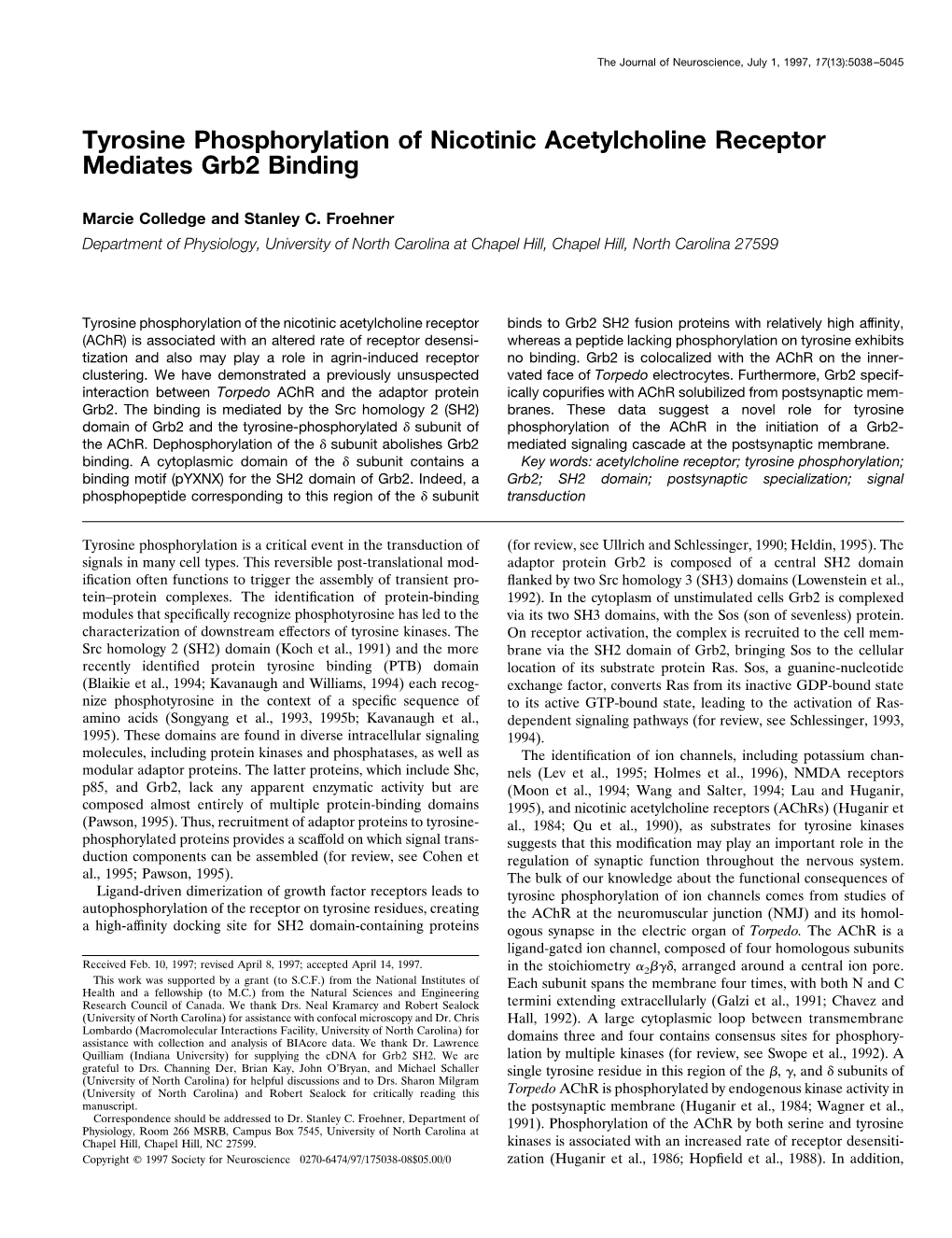 Tyrosine Phosphorylation of Nicotinic Acetylcholine Receptor Mediates Grb2 Binding