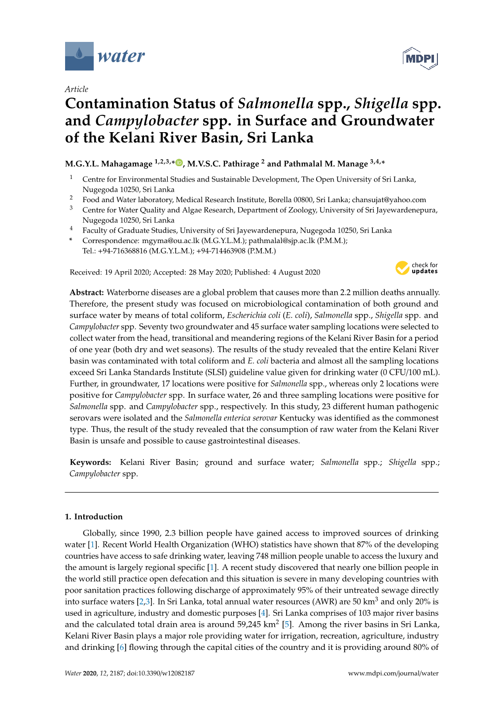 Contamination Status of Salmonella Spp., Shigella Spp. and Campylobacter Spp