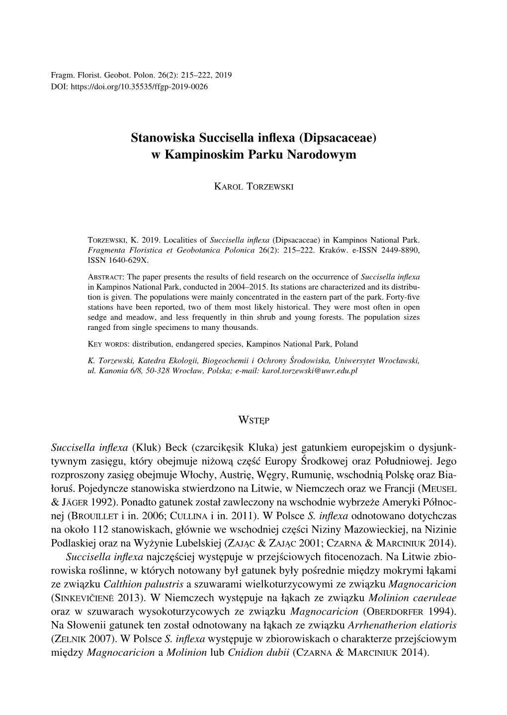 Stanowiska Succisella Inflexa (Dipsacaceae) W Kampinoskim Parku Narodowym