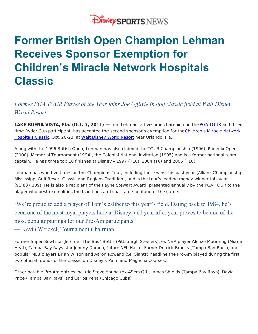 Former British Open Champion Lehman Receives Sponsor Exemption for Children’S Miracle Network Hospitals Classic