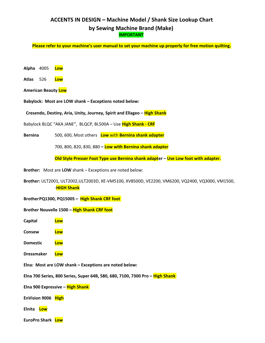Babylock: Most Are LOW Shank Exceptions Noted Below