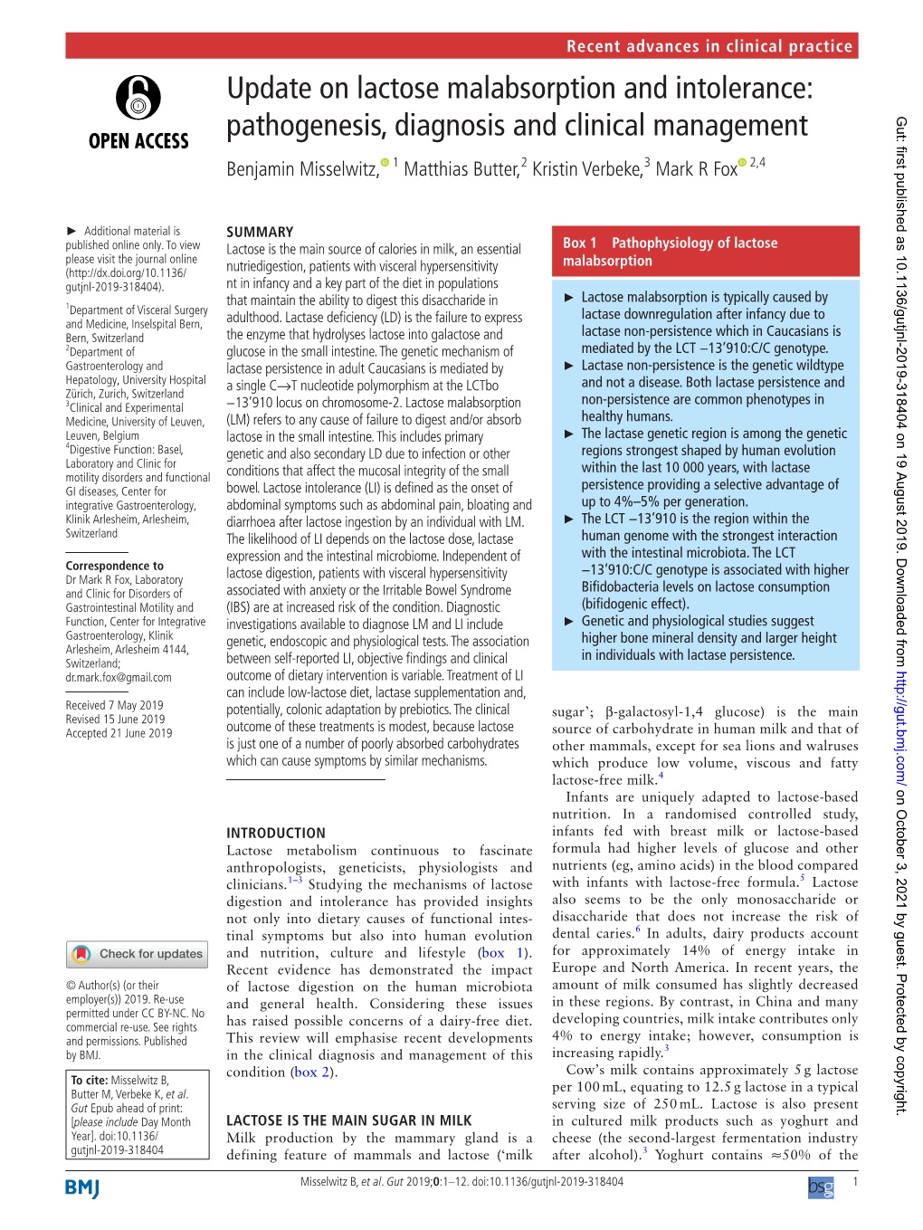 Update on Lactose Malabsorption and Intolerance: Pathogenesis, Diagnosis and Clinical Management Gut: First Published As 10.1136/Gutjnl-2019-318404 on 19 August 2019