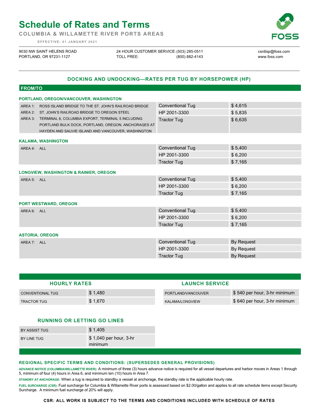 Schedule of Rates and Terms COLUMBIA & WILLAMETTE RIVER PORTS AREAS