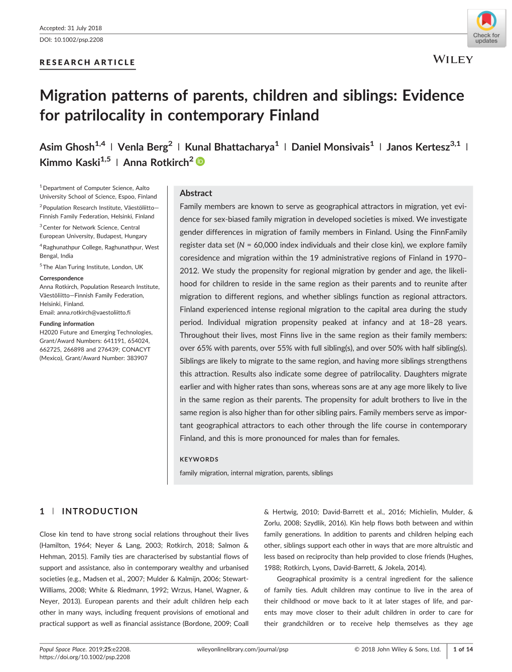 Migration Patterns of Parents, Children and Siblings: Evidence for Patrilocality in Contemporary Finland