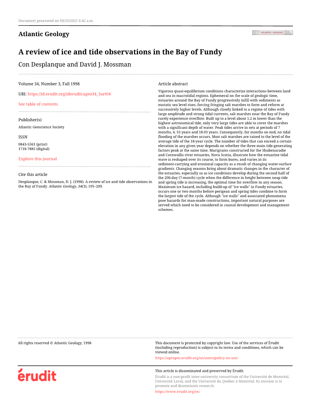 A Review of Ice and Tide Observations in the Bay of Fundy Con Desplanque and David J