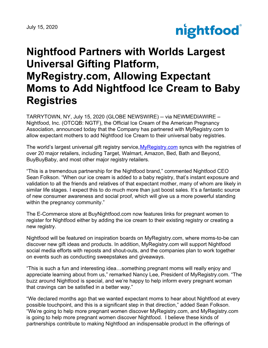 Nightfood Partners with Worlds Largest Universal Gifting Platform, Myregistry.Com, Allowing Expectant Moms to Add Nightfood Ice Cream to Baby Registries