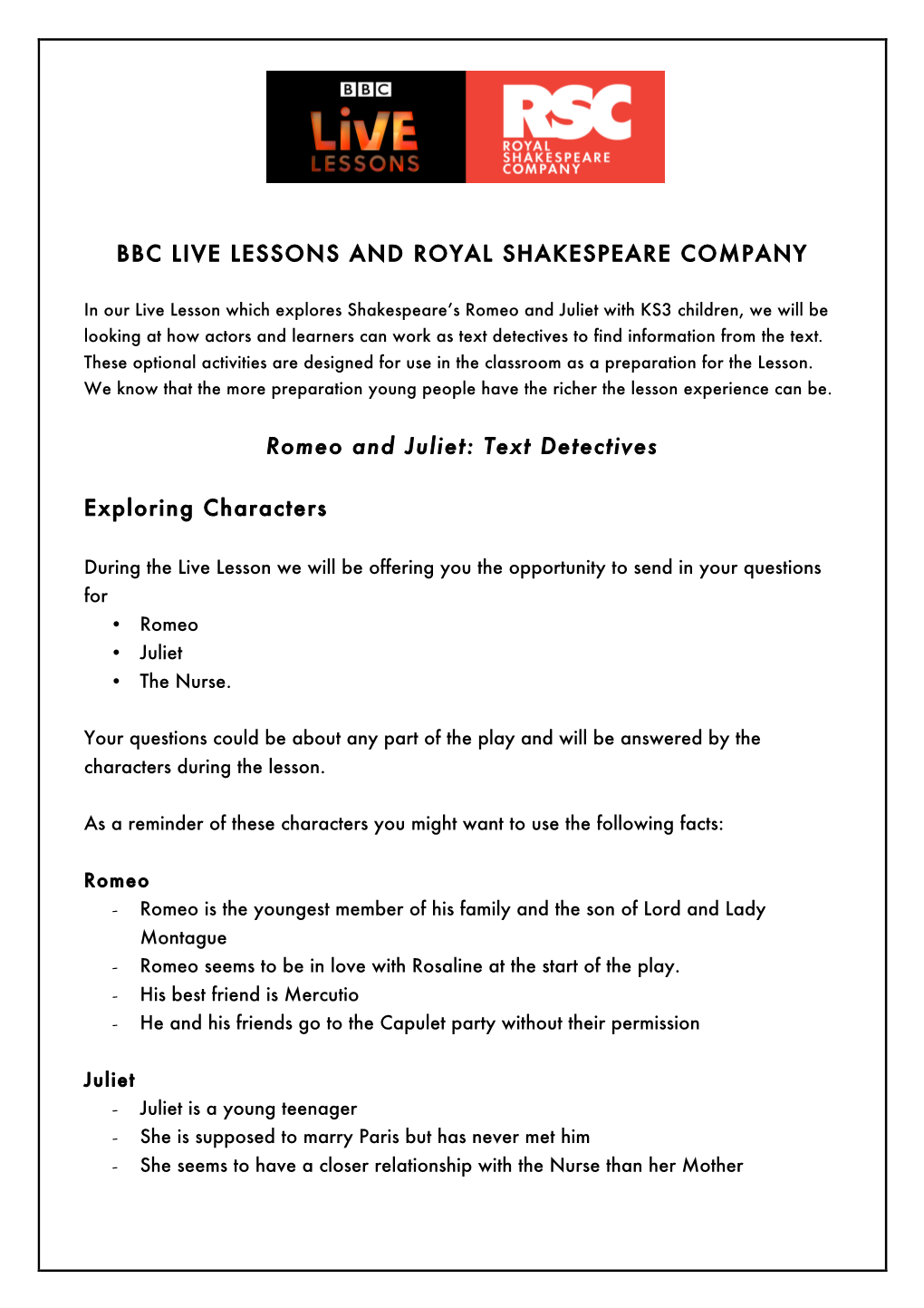 Bbc Live Lessons and Royal Shakespeare Company