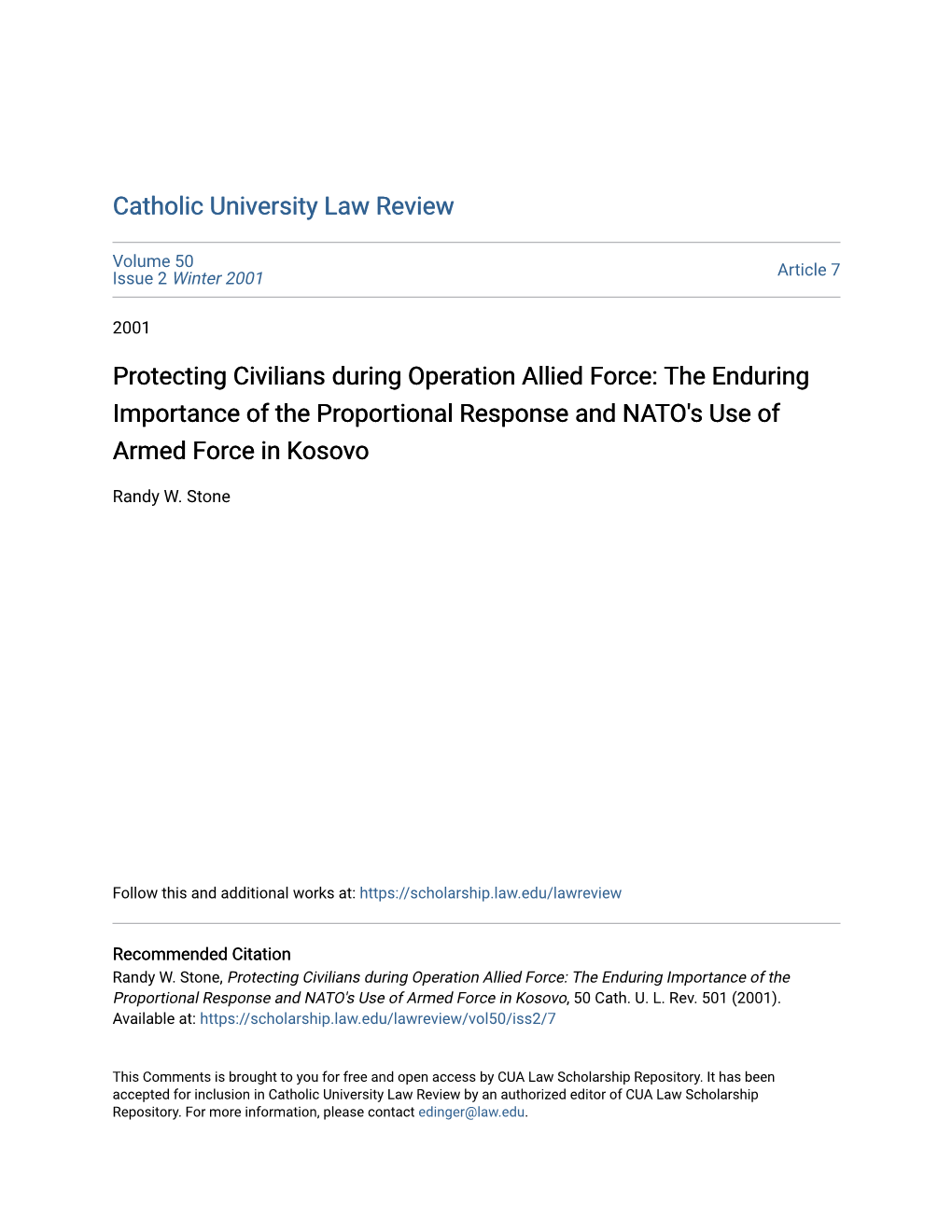 Protecting Civilians During Operation Allied Force: the Enduring Importance of the Proportional Response and NATO's Use of Armed Force in Kosovo