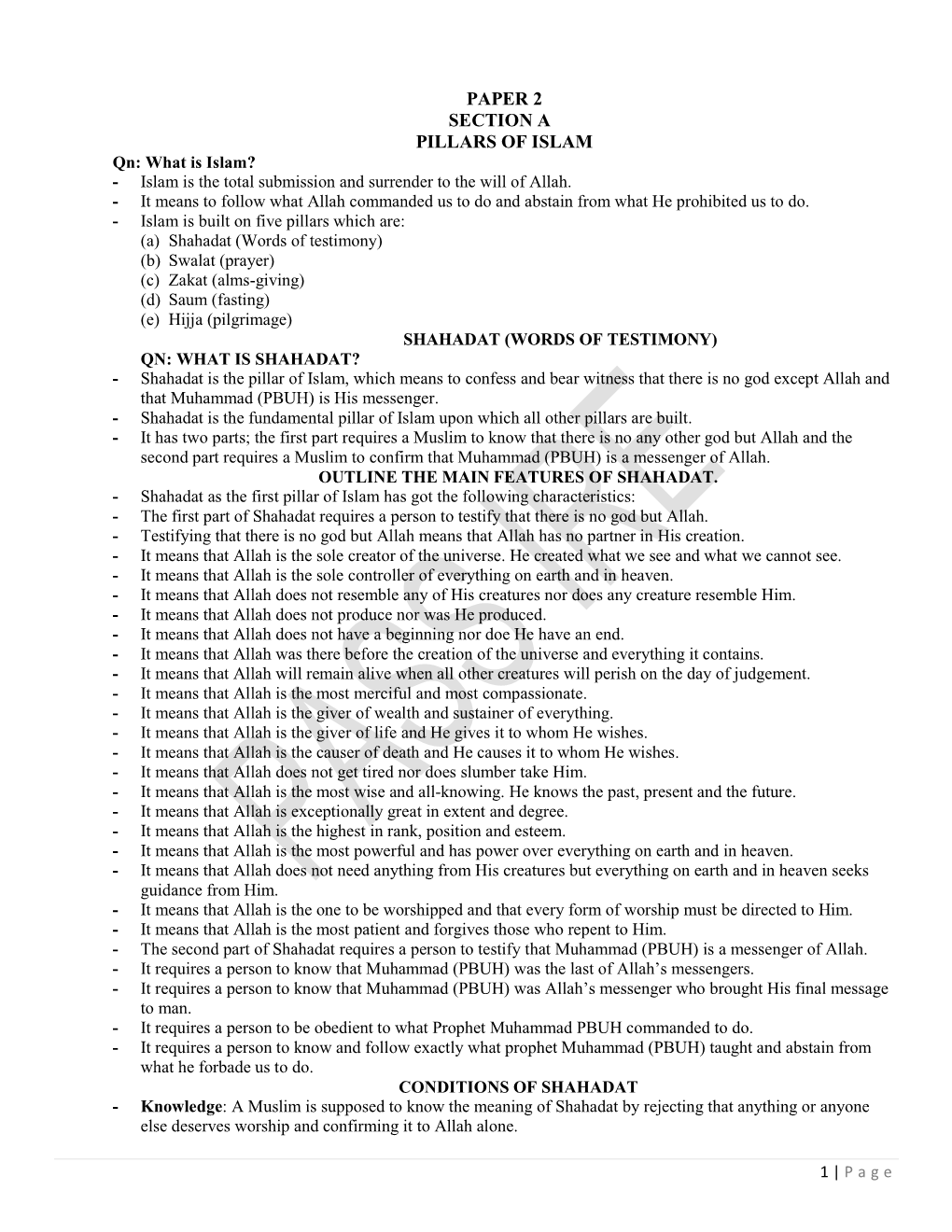 PAPER 2 SECTION a PILLARS of ISLAM Qn: What Is Islam? - Islam Is the Total Submission and Surrender to the Will of Allah