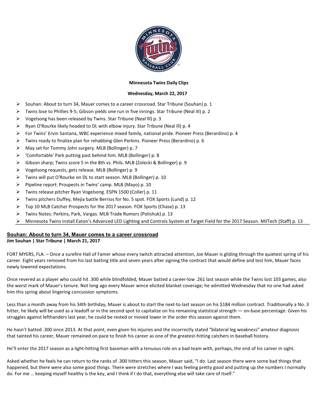 Minnesota Twins Daily Clips Wednesday, March 22