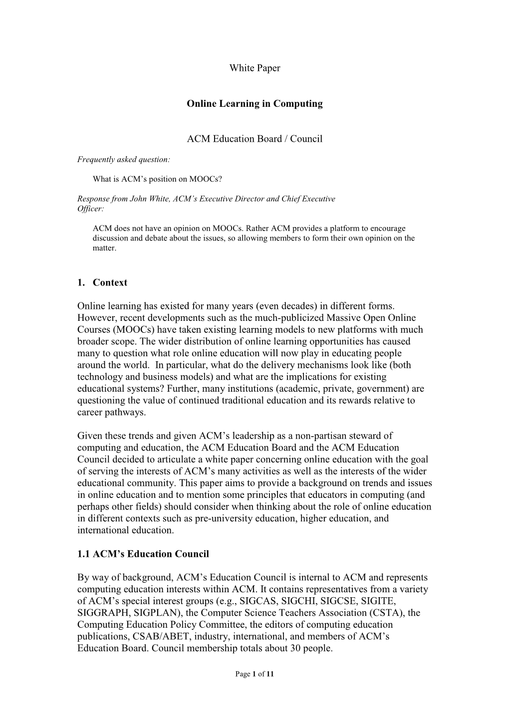 White Paper Online Learning in Computing ACM Education Board
