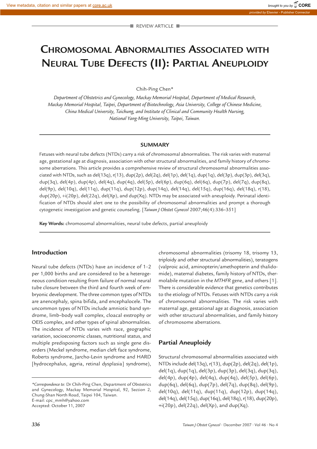 Chromosomal Abnormalities Associated with Neural Tube Defects (Ii): Partial Aneuploidy