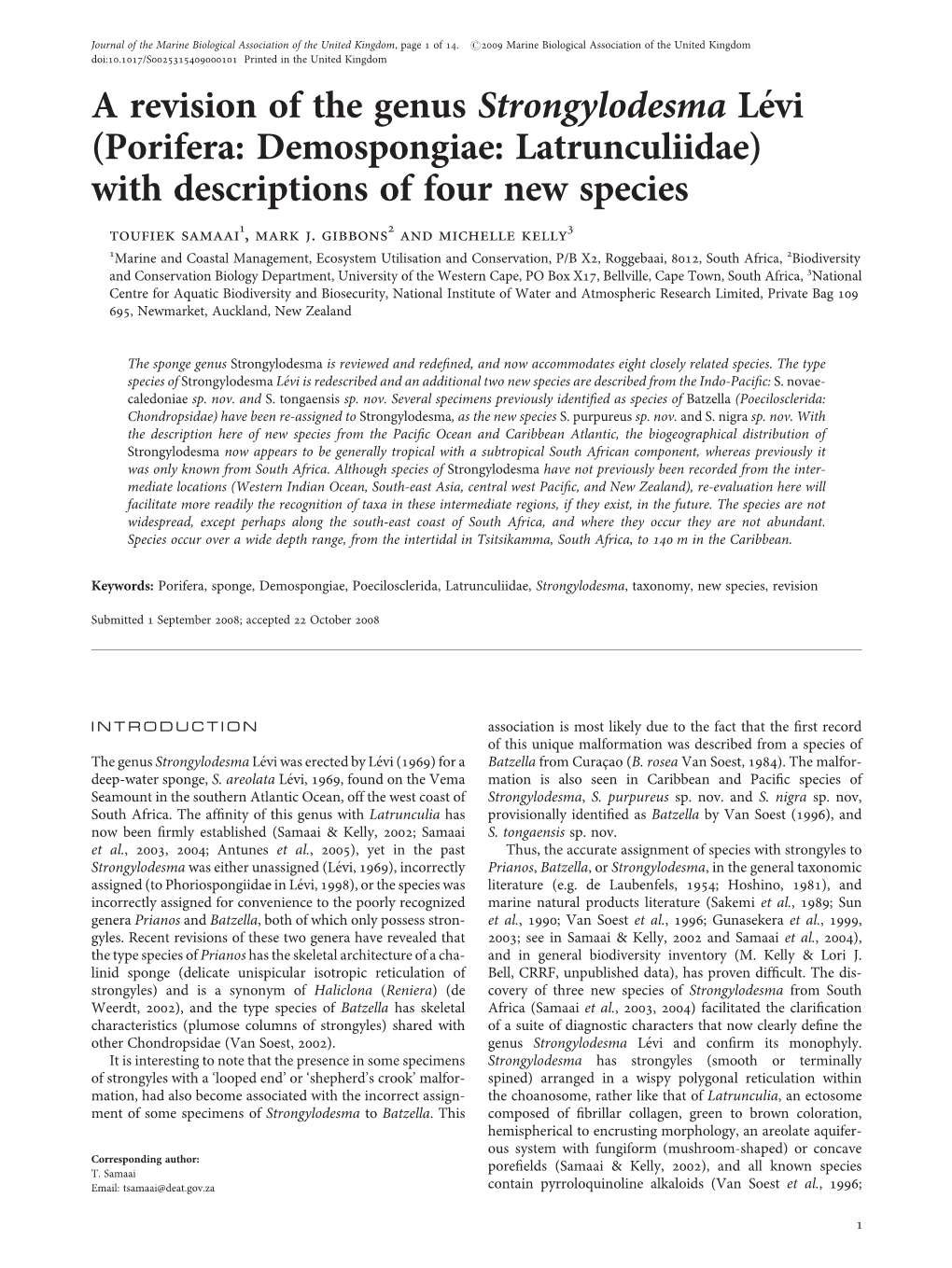 Porifera: Demospongiae: Latrunculiidae) with Descriptions of Four New Species Toufiek Samaai1, Mark J