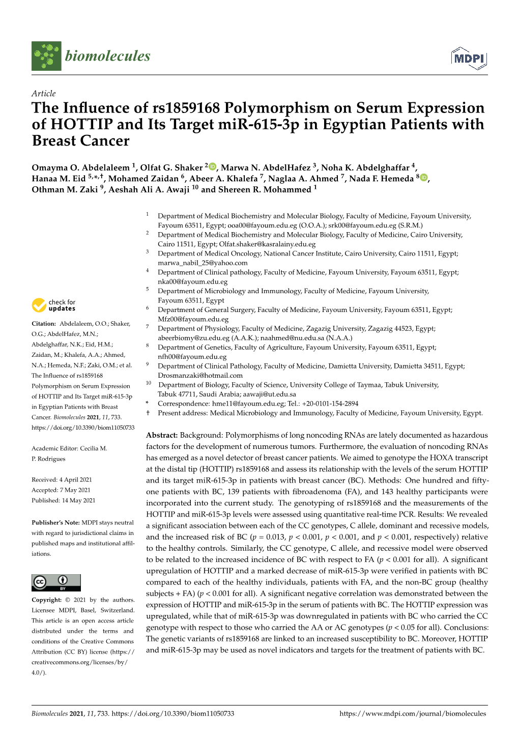 The Influence of Rs1859168 Polymorphism on Serum Expression of HOTTIP and Its Target Mir-615-3P in Egyptian Patients with Breast