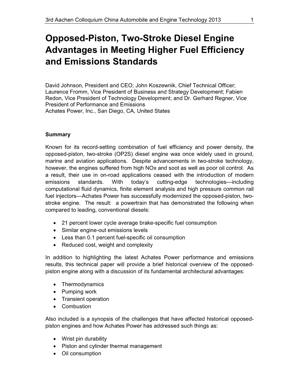 Opposed-Piston, Two-Stroke Diesel Engine Advantages in Meeting Higher Fuel Efficiency and Emissions Standards