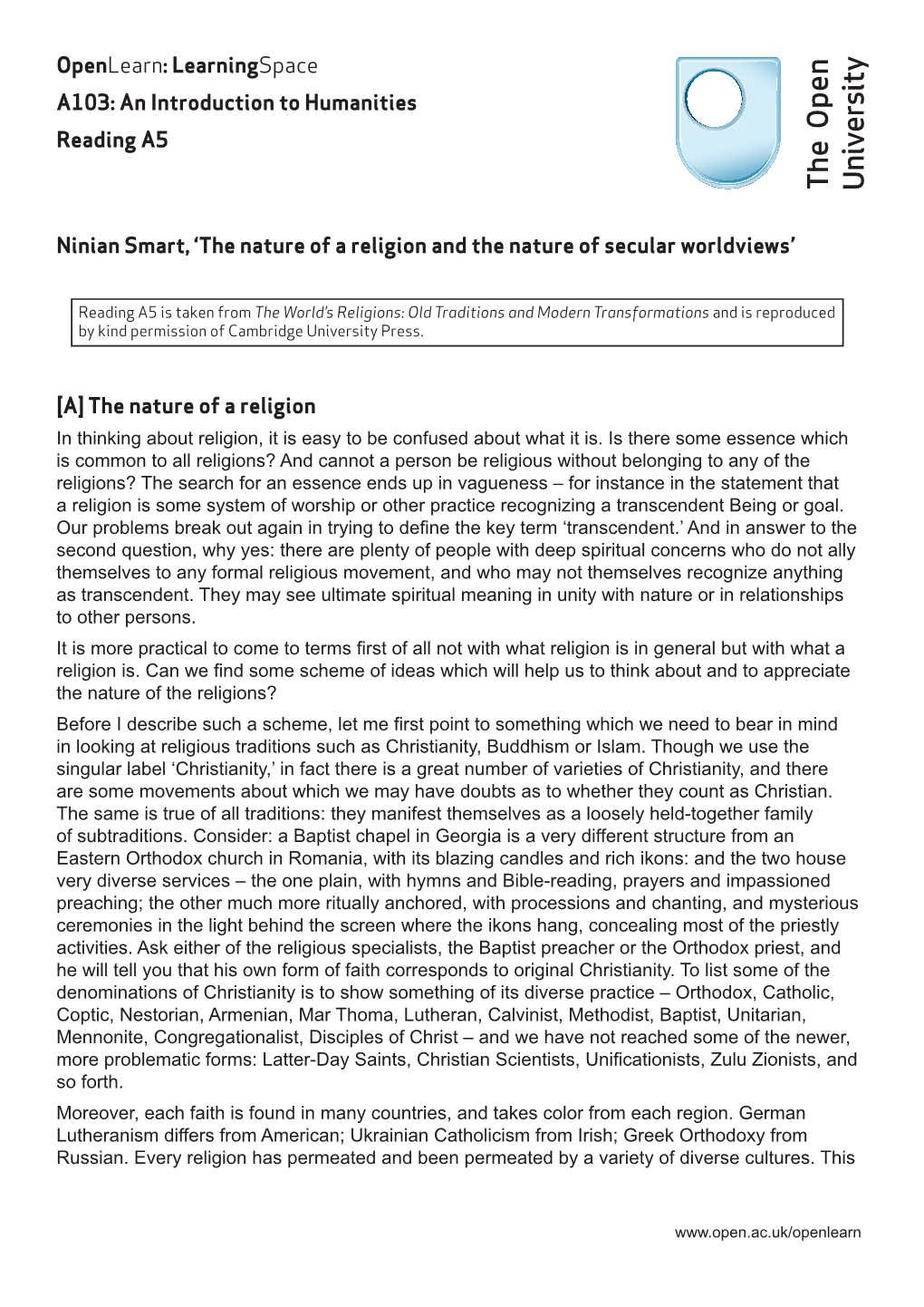 Ninian Smart, ‘The Nature of a Religion and the Nature of Secular Worldviews’