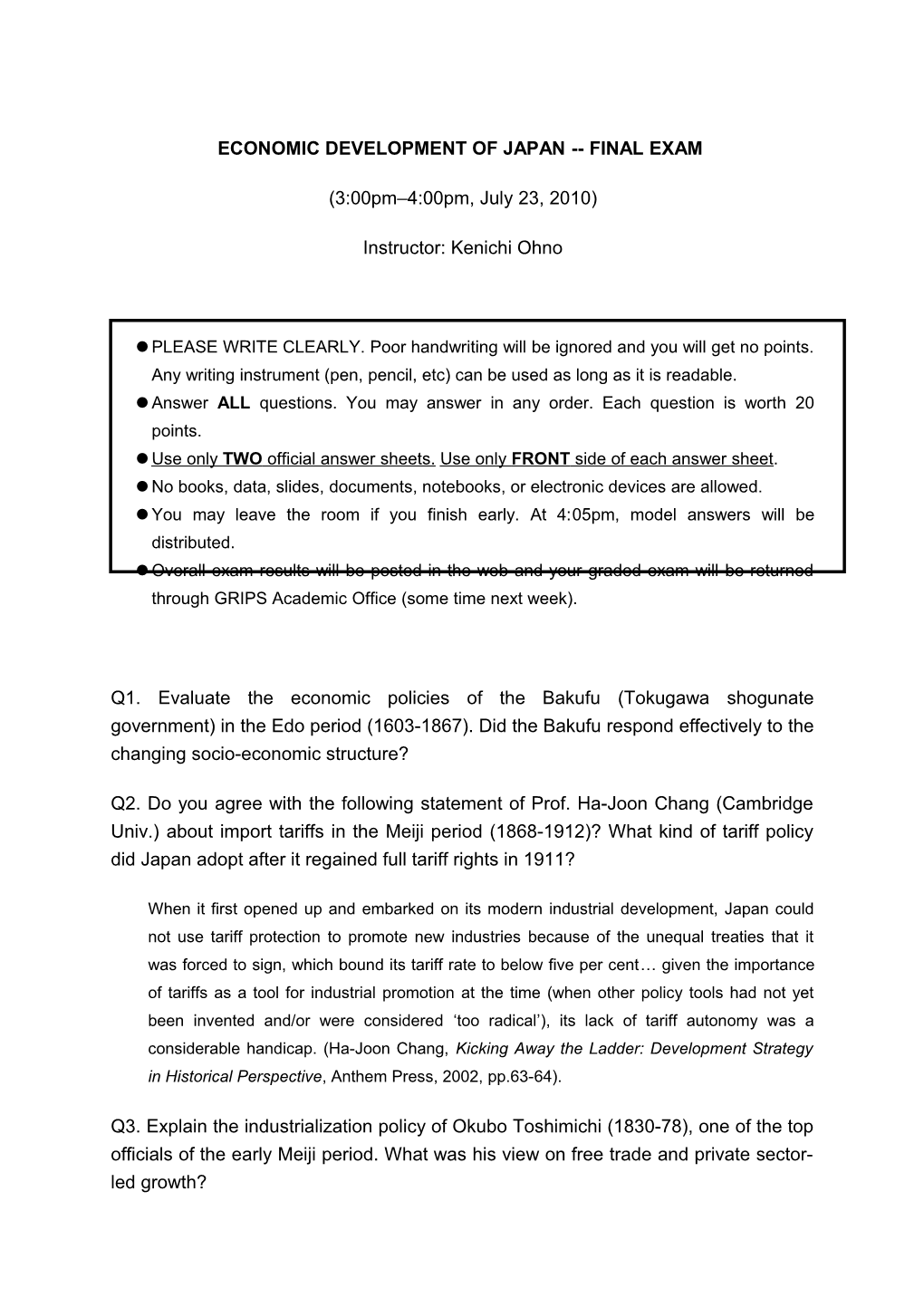 Economic Development of Japan Final Exam