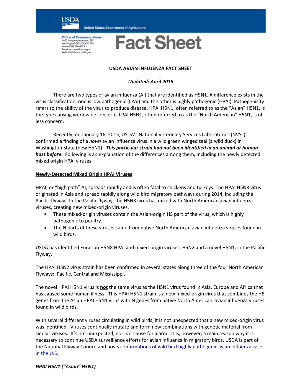 Usda Avian Influenza Fact Sheet