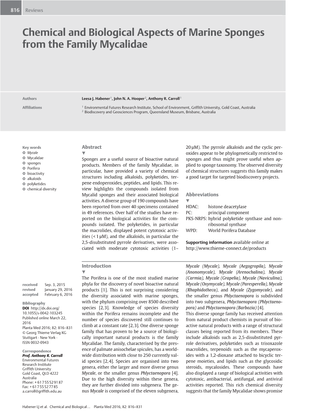 Chemical and Biological Aspects of Marine Sponges from the Family Mycalidae