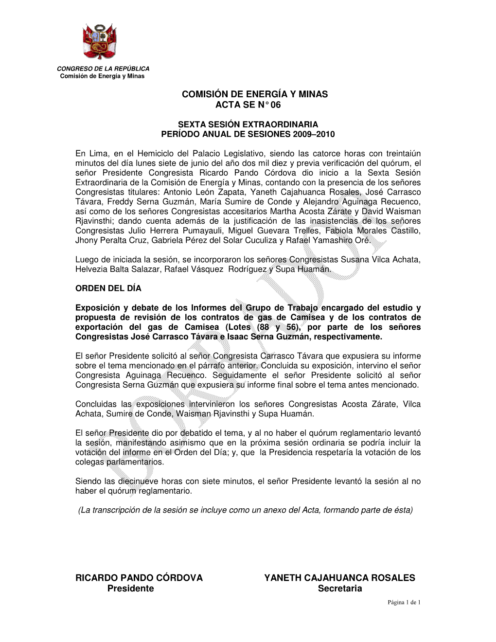 Comisión De Energía Y Minas Acta Se N° 06 Ricardo Pando