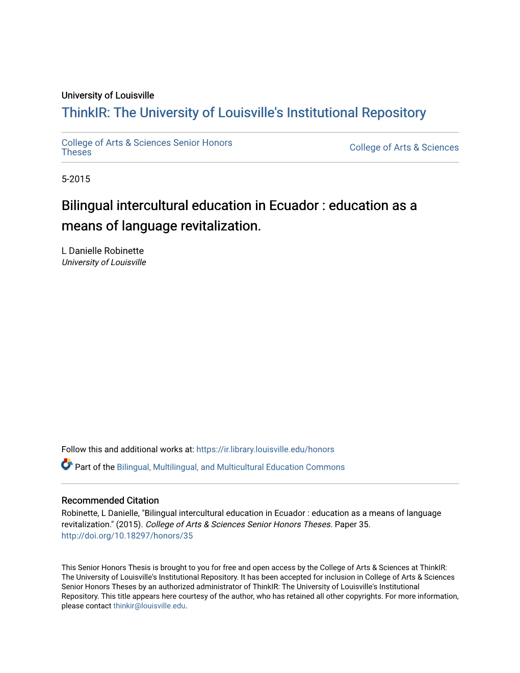 Bilingual Intercultural Education in Ecuador : Education As a Means of Language Revitalization