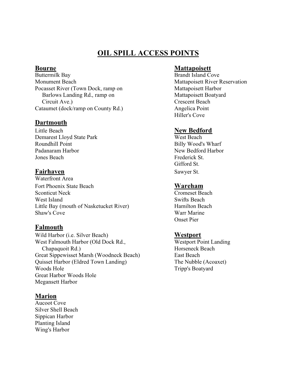 Oil Spill Access Points