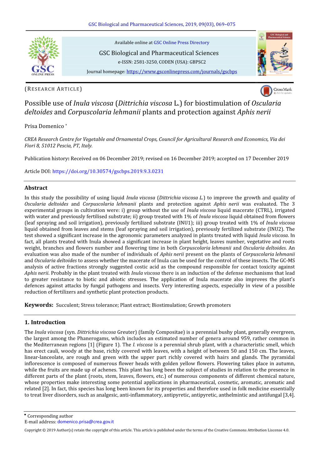 Dittrichia Viscosa L.) for Biostimulation of Oscularia Deltoides and Corpuscolaria Lehmanii Plants and Protection Against Aphis Nerii