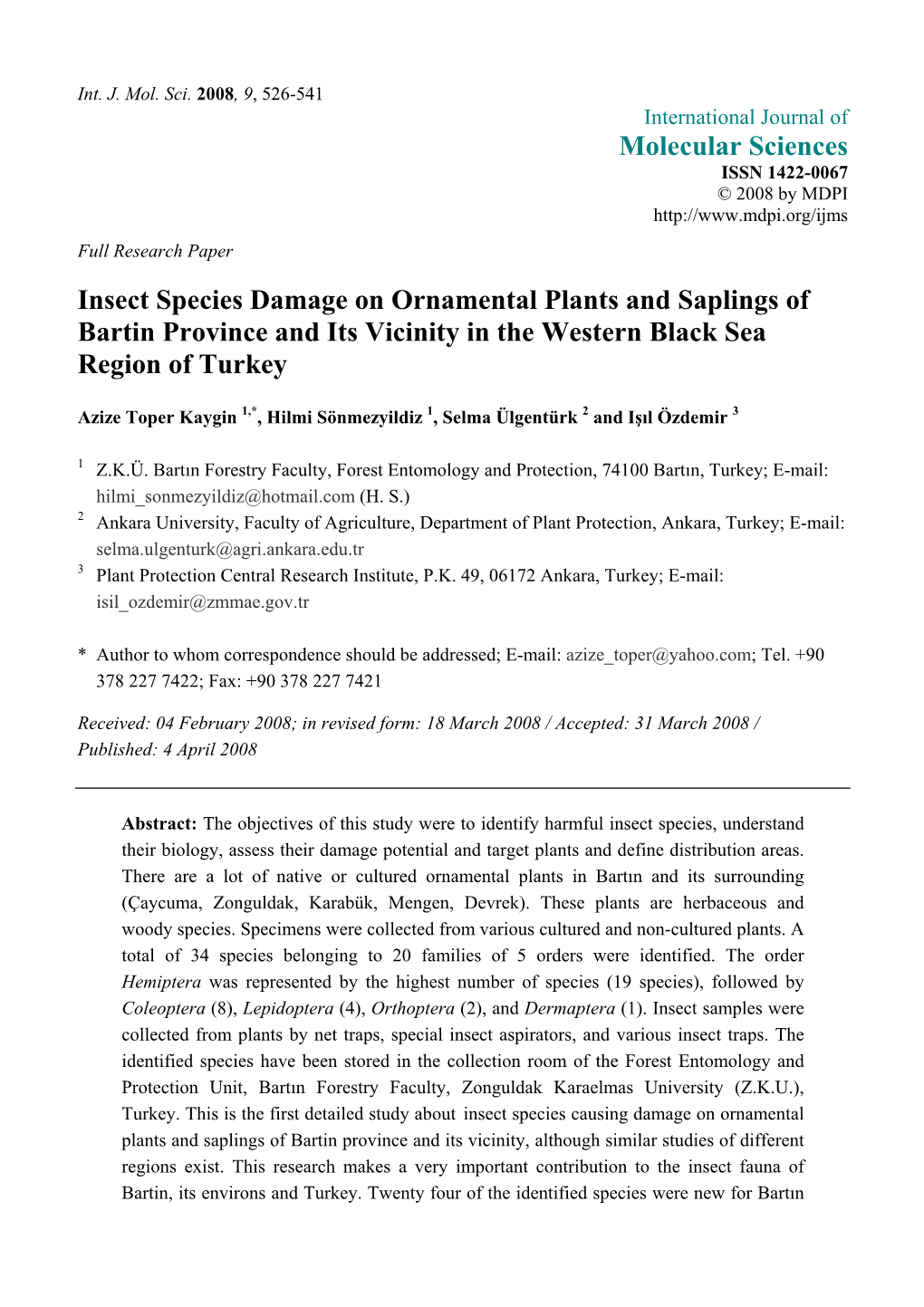 Insect Species Damage on Ornamental Plants and Saplings of Bartin Province and Its Vicinity in the Western Black Sea Region of Turkey