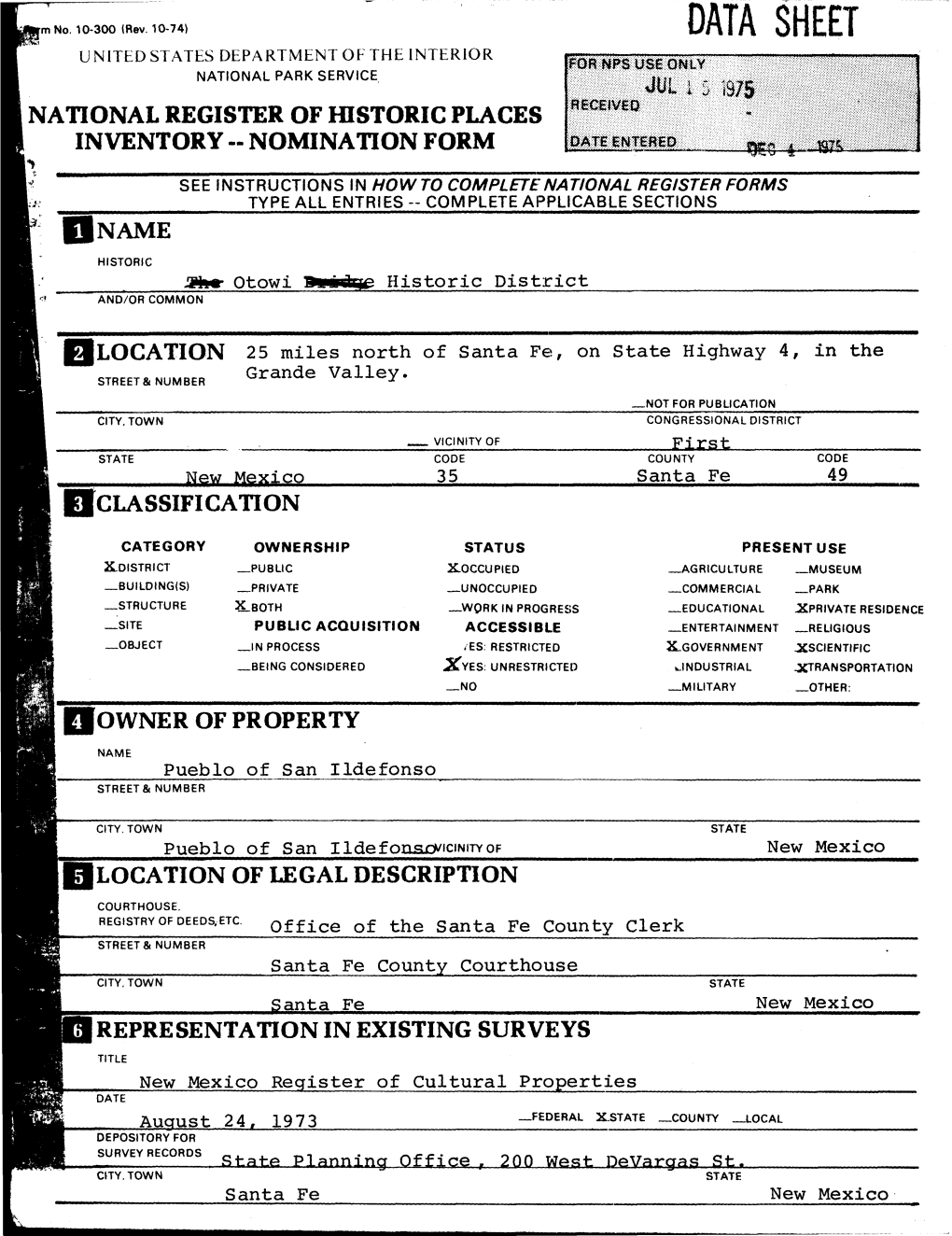 Data Sheet United States Department of the Interior National Park Service National Register of Historic Places Inventory - Nomination Form