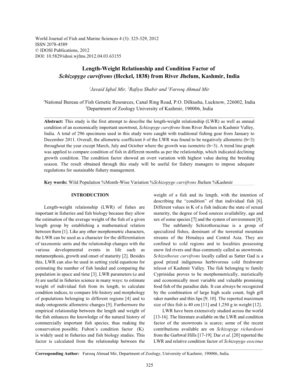 Length-Weight Relationship and Condition Factor of Schizopyge Curvifrons (Heckel, 1838) from River Jhelum, Kashmir, India