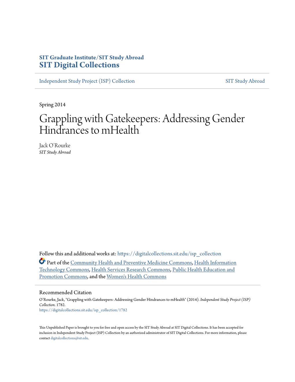 Addressing Gender Hindrances to Mhealth Jack O’Rourke SIT Study Abroad