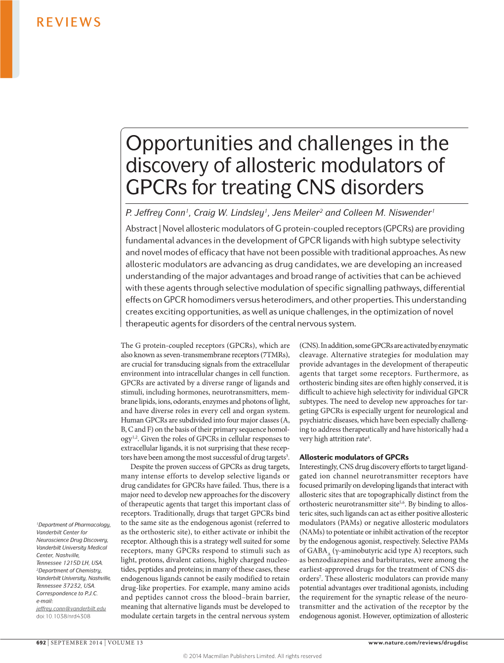 Opportunities and Challenges in the Discovery of Allosteric Modulators of Gpcrs for Treating CNS Disorders