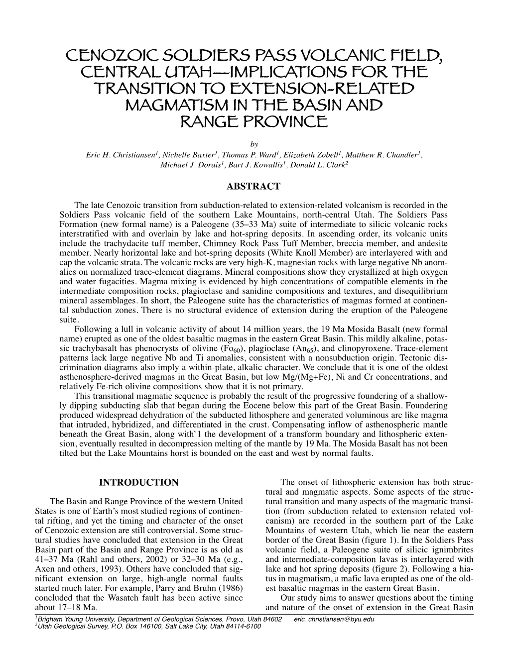 CENOZOIC SOLDIERS PASS VOLCANIC FIELD, CENTRAL UTAH—IMPLICATIONS for the TRANSITION to EXTENSION-RELATED MAGMATISM in the BASIN and RANGE PROVINCE by Eric H