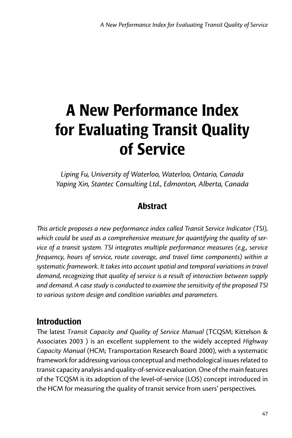 A New Performance Index for Evaluating Transit Quality of Service