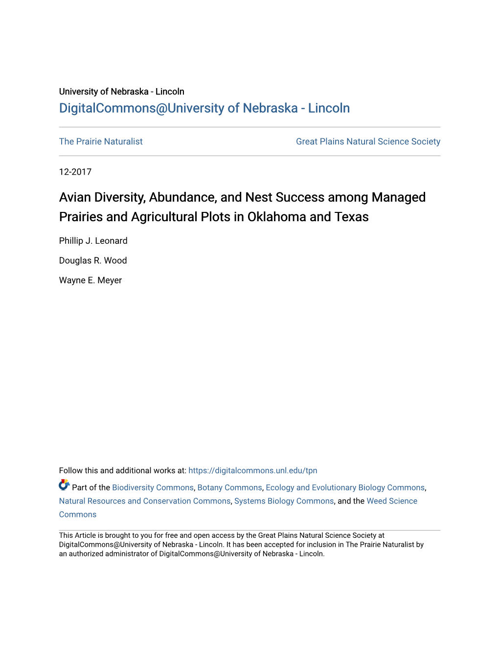 Avian Diversity, Abundance, and Nest Success Among Managed Prairies and Agricultural Plots in Oklahoma and Texas