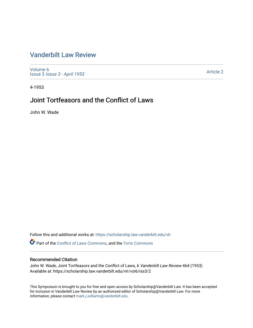 Joint Tortfeasors and the Conflict of Laws