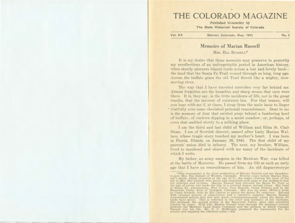 THE COLORADO MAGAZINE Published Bi-Monthly by the State Historical Society of Colorado