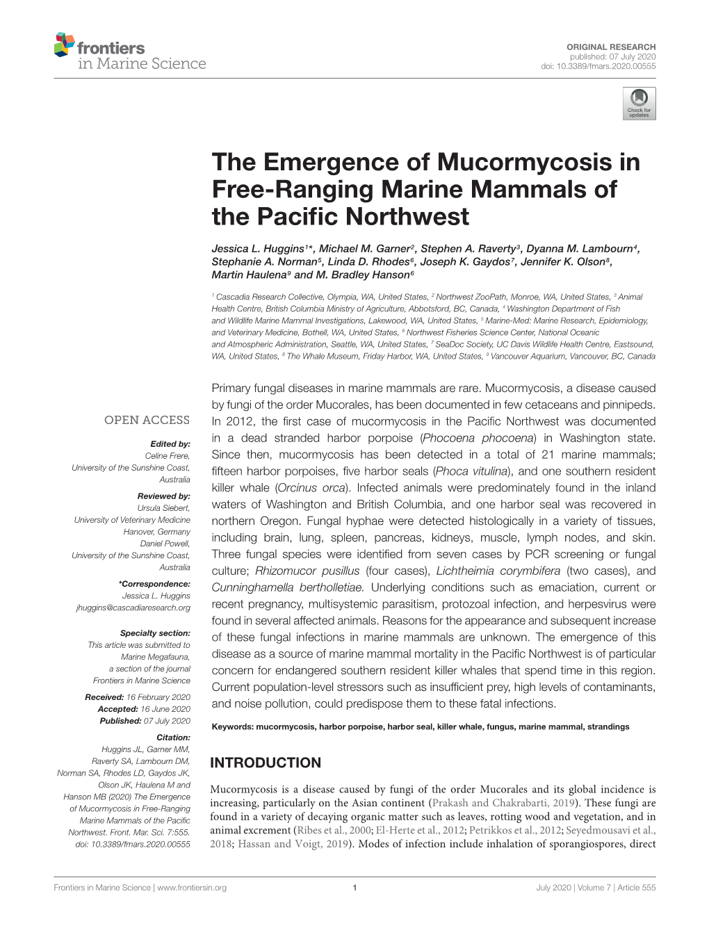 The Emergence of Mucormycosis in Free-Ranging Marine Mammals of the Pacific Northwest