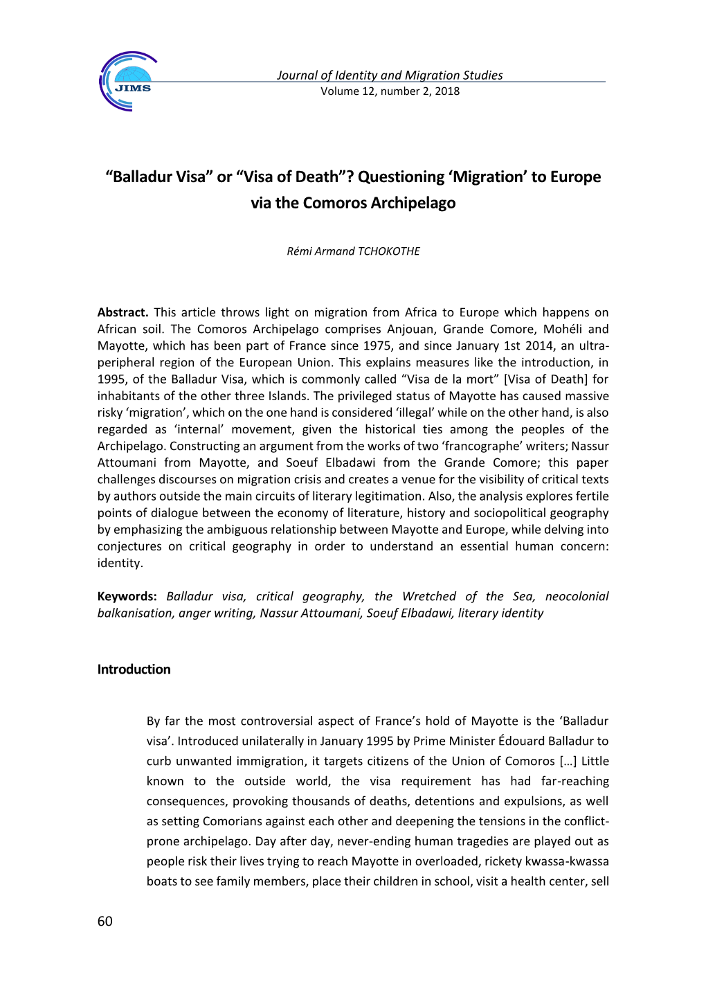 Balladur Visa” Or “Visa of Death”? Questioning ‘Migration’ to Europe Via the Comoros Archipelago